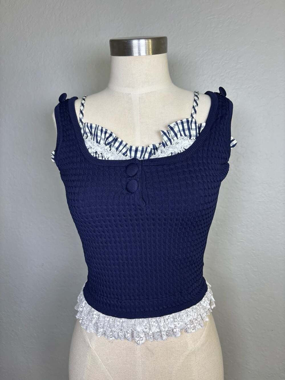 Navy Blue Textured Knit Layered Tank Top with Gingham Frill and Lace Trim